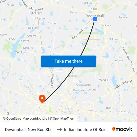 देवनहल्ली नई बस स्टेशन to भारतीय विज्ञान संस्थान map