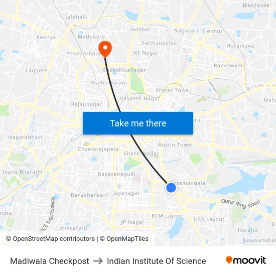 Madiwala Checkpost to Indian Institute Of Science map