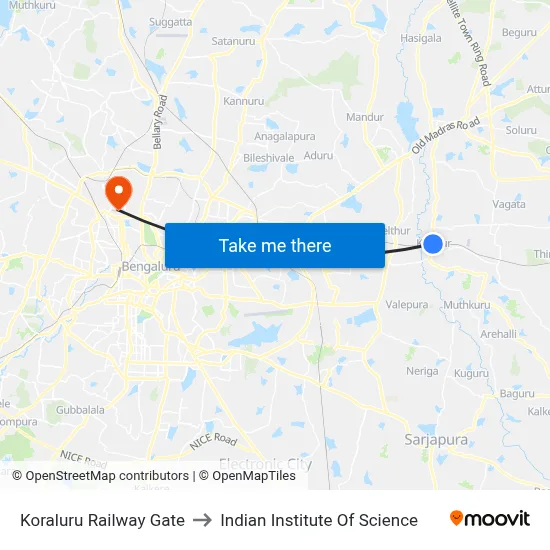 Koraluru Railway Gate to Indian Institute Of Science map