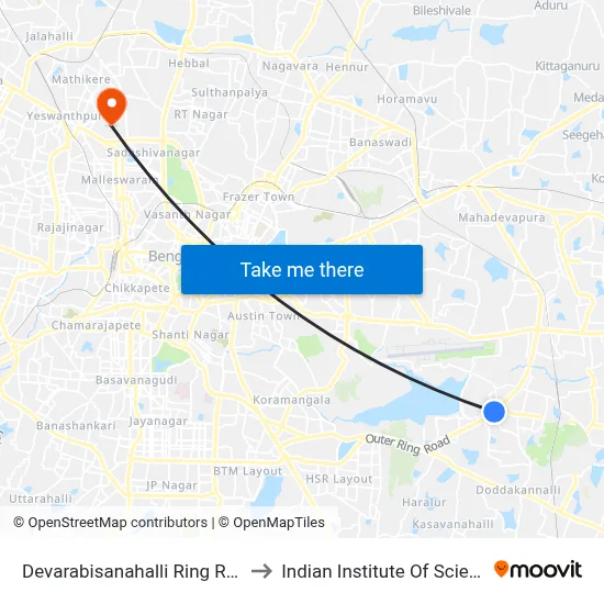 Devarabisanahalli Ring Road to Indian Institute Of Science map