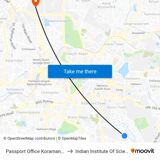Passport Office Koramangala to Indian Institute Of Science map