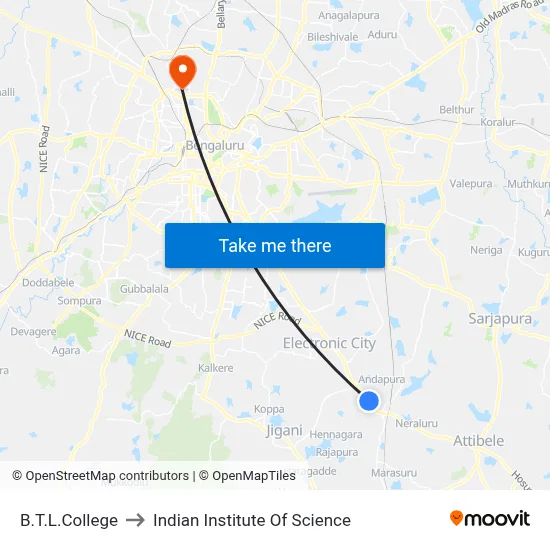 B.T.L.College to Indian Institute Of Science map