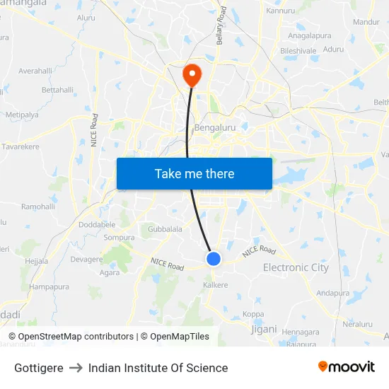 Gottigere to Indian Institute Of Science map