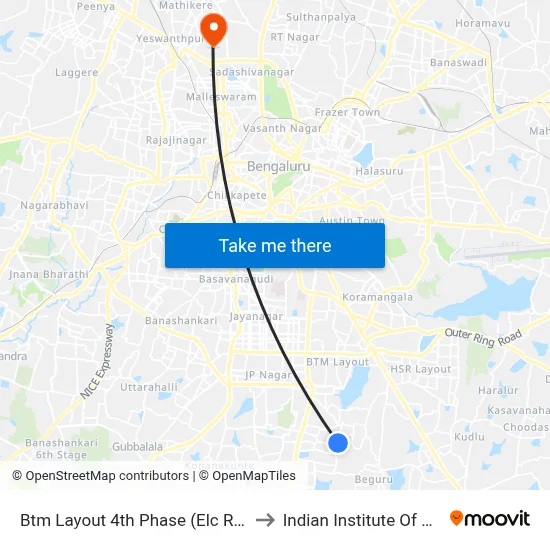 Btm Layout 4th Phase (Elc Rto Office) to Indian Institute Of Science map