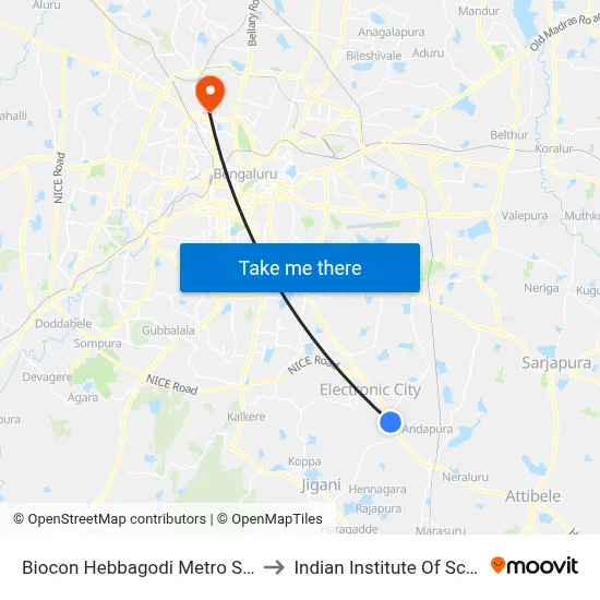 Biocon Hebbagodi Metro Station to Indian Institute Of Science map