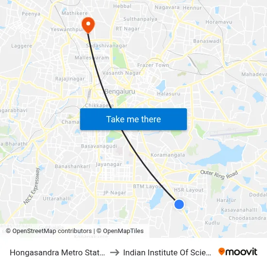 Hongasandra Metro Station to Indian Institute Of Science map