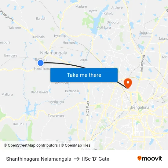 Shanthinagara Nelamangala to IISc 'D' Gate map