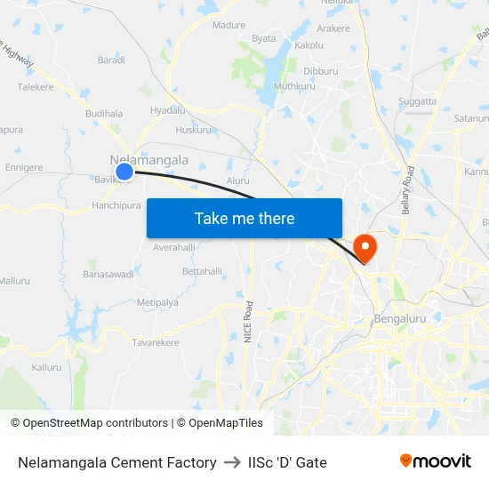 Nelamangala Cement Factory to IISc 'D' Gate map