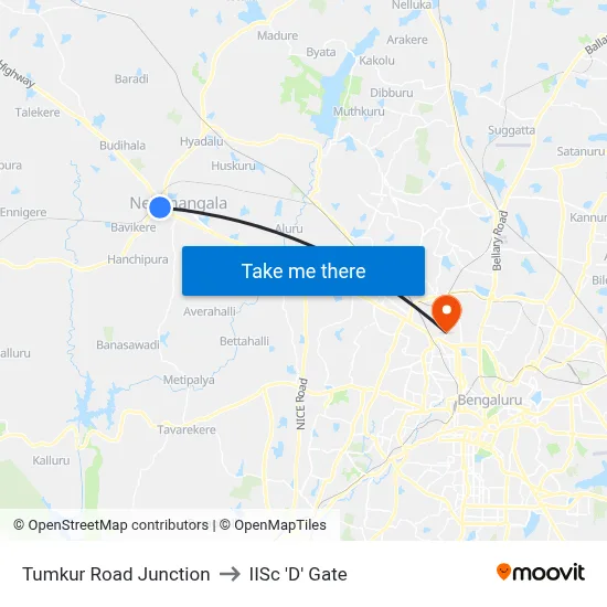 Tumkur Road Junction to IISc 'D' Gate map