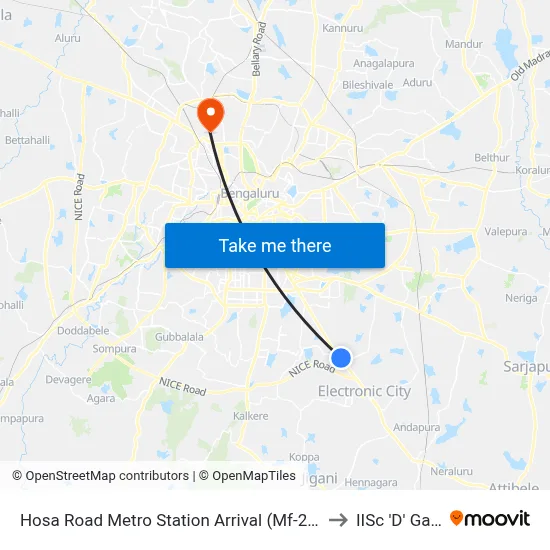 Hosa Road Metro Station Arrival (Mf-22e) to IISc 'D' Gate map