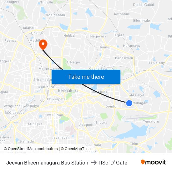 Jeevan Bheemanagara Bus Station to IISc 'D' Gate map