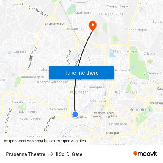 Prasanna Theatre to IISc 'D' Gate map
