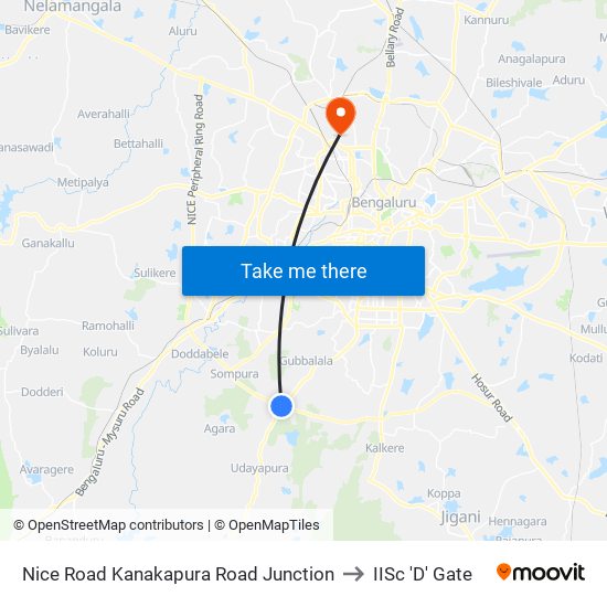 Nice Road Kanakapura Road Junction to IISc 'D' Gate map