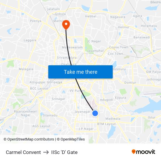 Carmel Convent to IISc 'D' Gate map