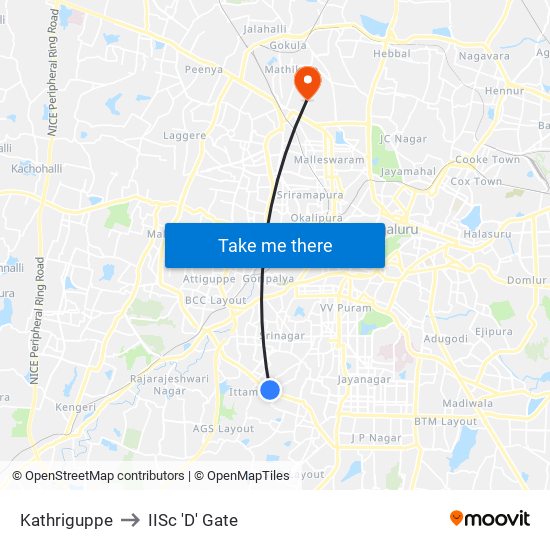 Kathriguppe to IISc 'D' Gate map