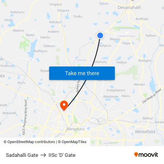 Sadahalli Gate to IISc 'D' Gate map
