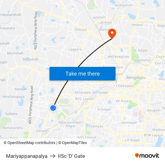 Mariyappanapalya to IISc 'D' Gate map