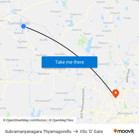 Subramanyanagara Thyamagondlu to IISc 'D' Gate map