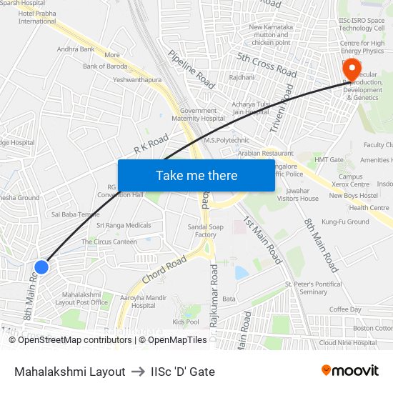 Mahalakshmi Layout to IISc 'D' Gate map