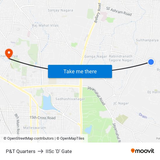 P&T Quarters to IISc 'D' Gate map