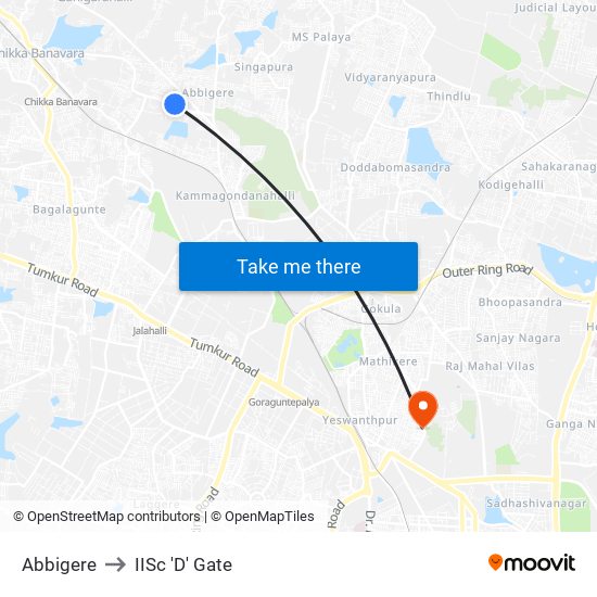 Abbigere to IISc 'D' Gate map