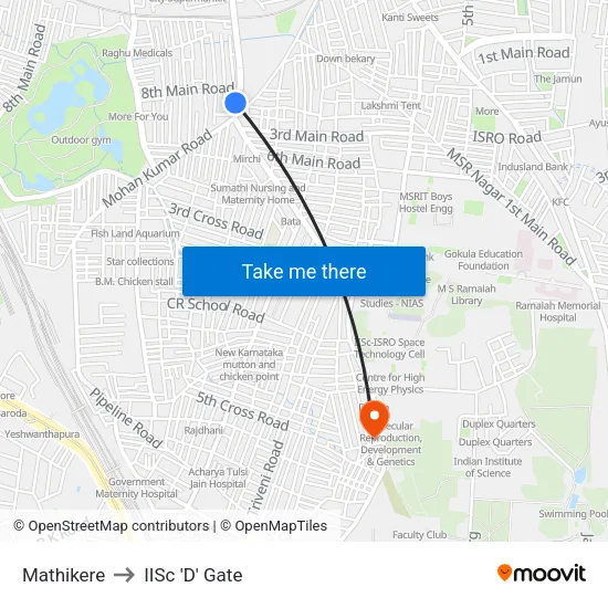 Mathikere to IISc 'D' Gate map