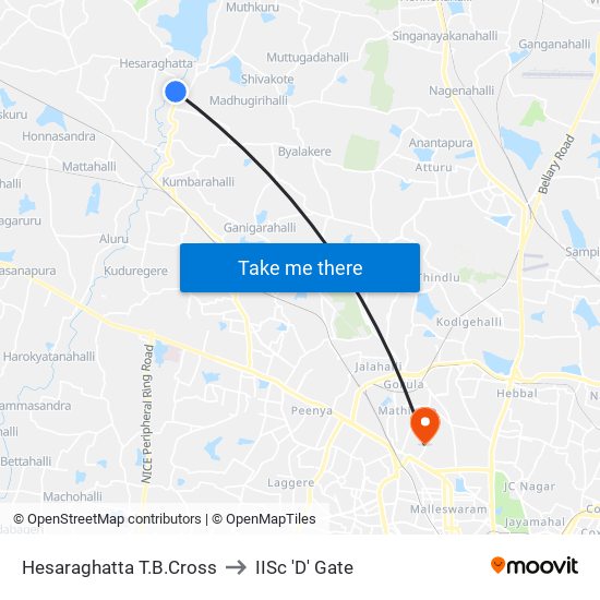 Hesaraghatta T.B.Cross to IISc 'D' Gate map