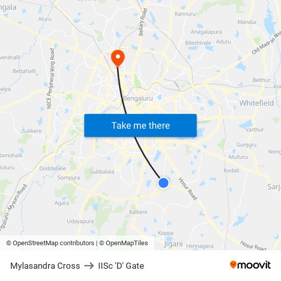 Mylasandra Cross to IISc 'D' Gate map