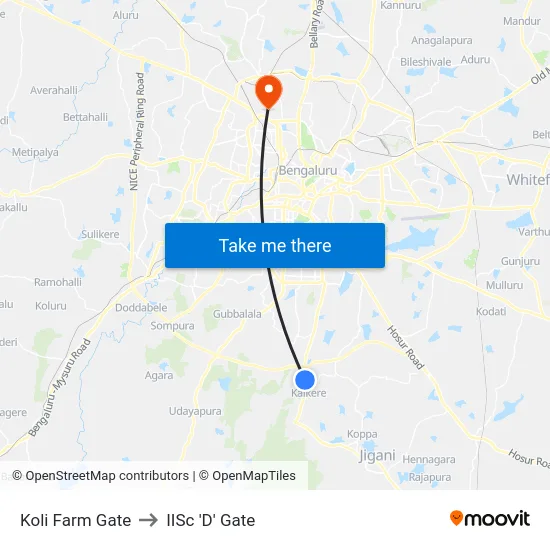 Koli Farm Gate to IISc 'D' Gate map