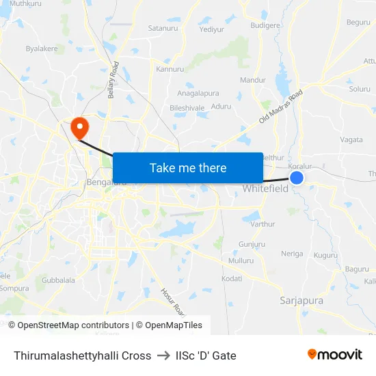 Thirumalashettyhalli Cross to IISc 'D' Gate map