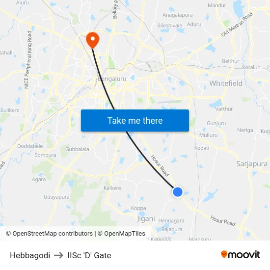 Hebbagodi to IISc 'D' Gate map