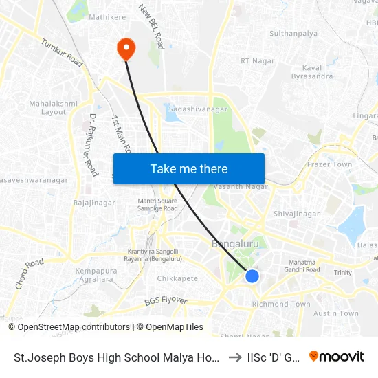 St.Joseph Boys High School Malya Hospital to IISc 'D' Gate map