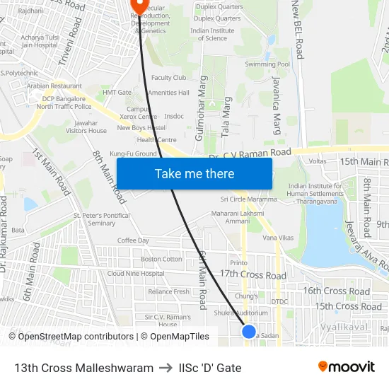 13th Cross Malleshwaram to IISc 'D' Gate map