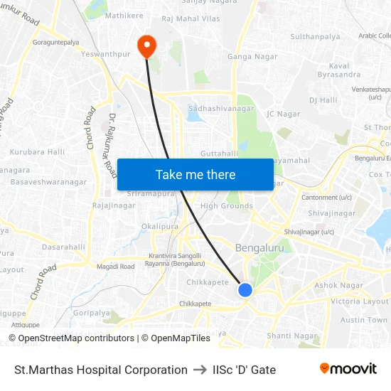 St.Marthas Hospital Corporation to IISc 'D' Gate map