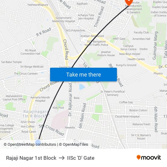 Rajaji Nagar 1st Block to IISc 'D' Gate map