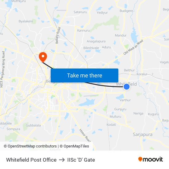 Whitefield Post Office to IISc 'D' Gate map
