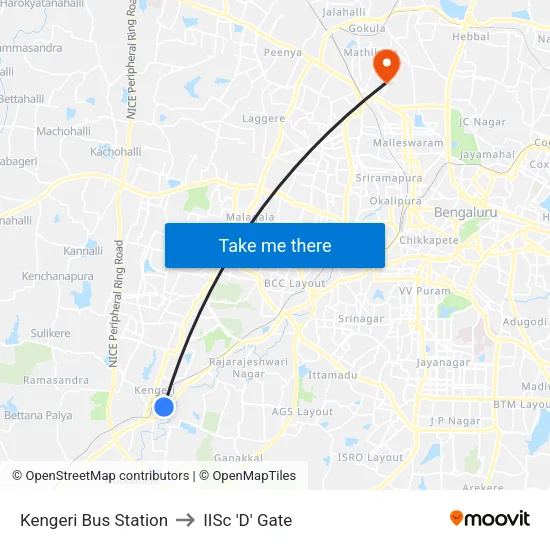 Kengeri Bus Station to IISc 'D' Gate map
