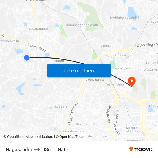 Nagasandra to IISc 'D' Gate map