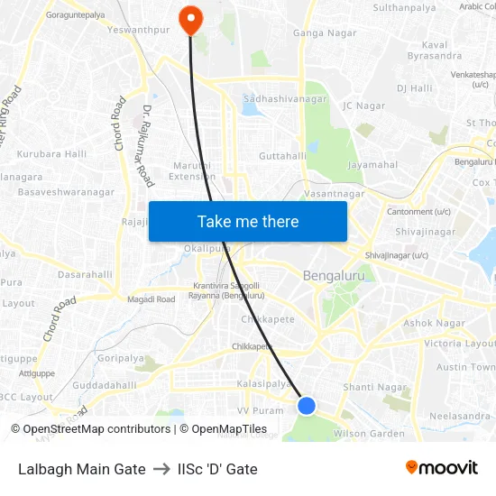 Lalbagh Main Gate to IISc 'D' Gate map