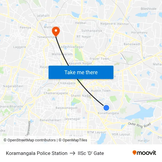 Koramangala Police Station to IISc 'D' Gate map
