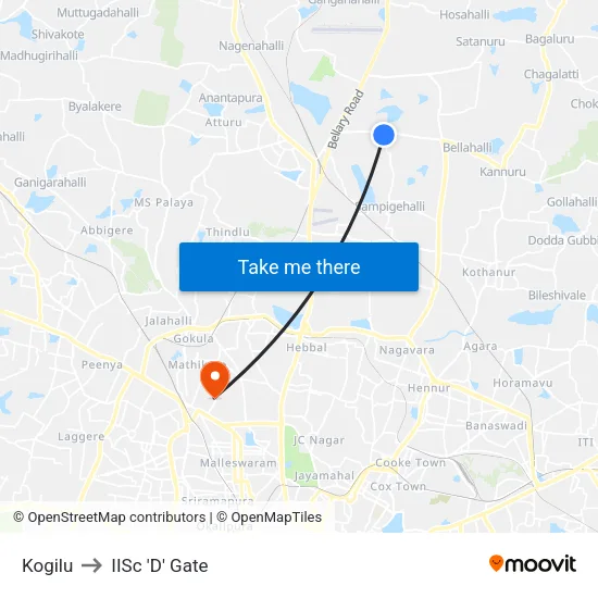 Kogilu to IISc 'D' Gate map