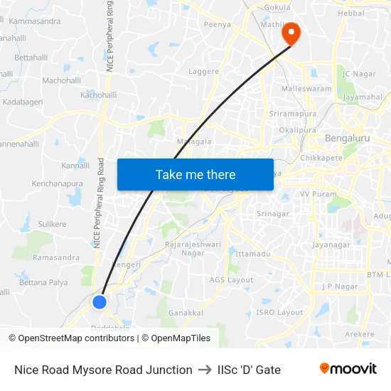 Nice Road Mysore Road Junction to IISc 'D' Gate map