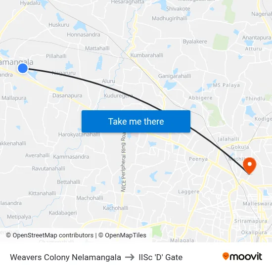 Weavers Colony Nelamangala to IISc 'D' Gate map