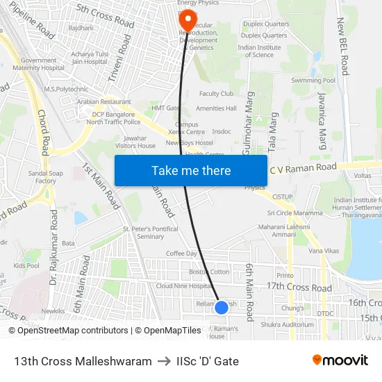 13th Cross Malleshwaram to IISc 'D' Gate map