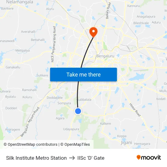 Silk Institute Metro Station to IISc 'D' Gate map