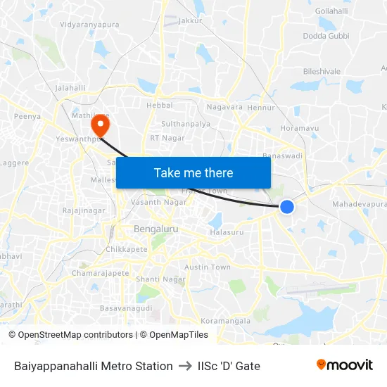 Baiyappanahalli Metro Station to IISc 'D' Gate map