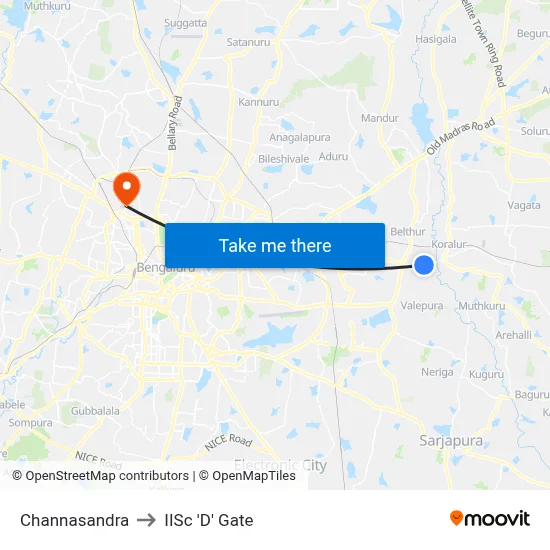 Channasandra to IISc 'D' Gate map