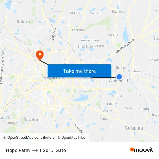 Hope Farm to IISc 'D' Gate map