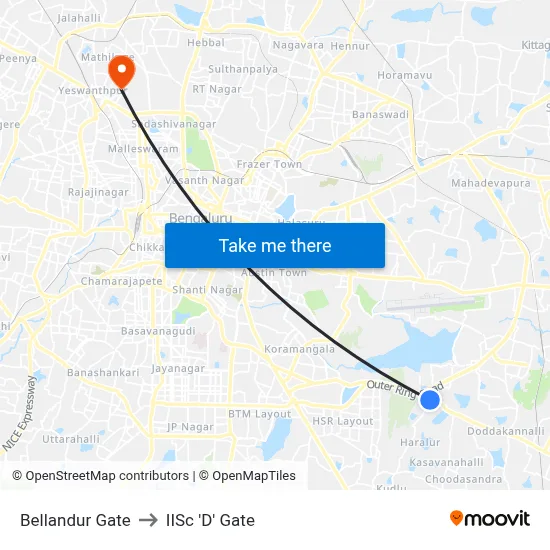Bellandur Gate to IISc 'D' Gate map