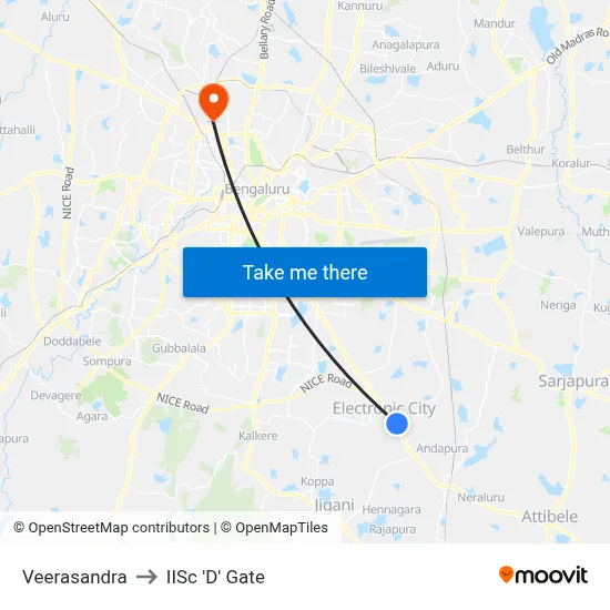 Veerasandra to IISc 'D' Gate map